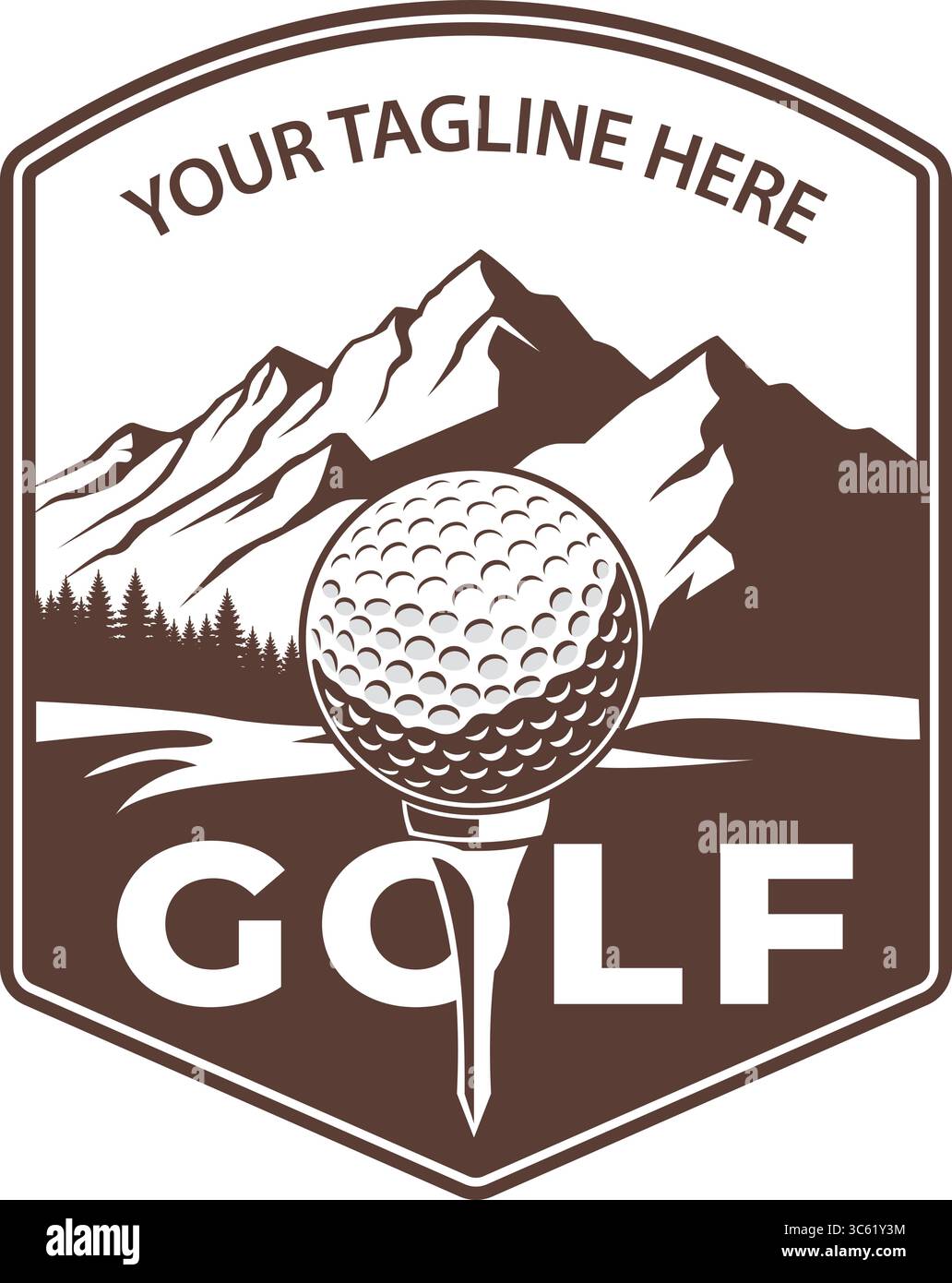 Mountain Golf Logo – Vintage-Golfabzeichen im Freien mit Ball und T-Shirt Stock Vektor