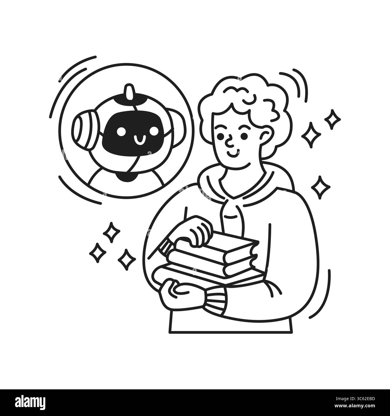 Schwarz-weiß-Illustration eines glücklichen Schülers, der Bücher hält. Eine lächelnde künstliche Intelligenz taucht in einer Gedankenblase auf. Einfache Strichgrafik vermittelt Stock Vektor Schwarz-weiß-Illustration eines glücklichen Schülers, der Bücher hält. Eine lächelnde künstliche Intelligenz taucht in einer Gedankenblase auf. Einfache Strichgrafik vermittelt Stock Vektor