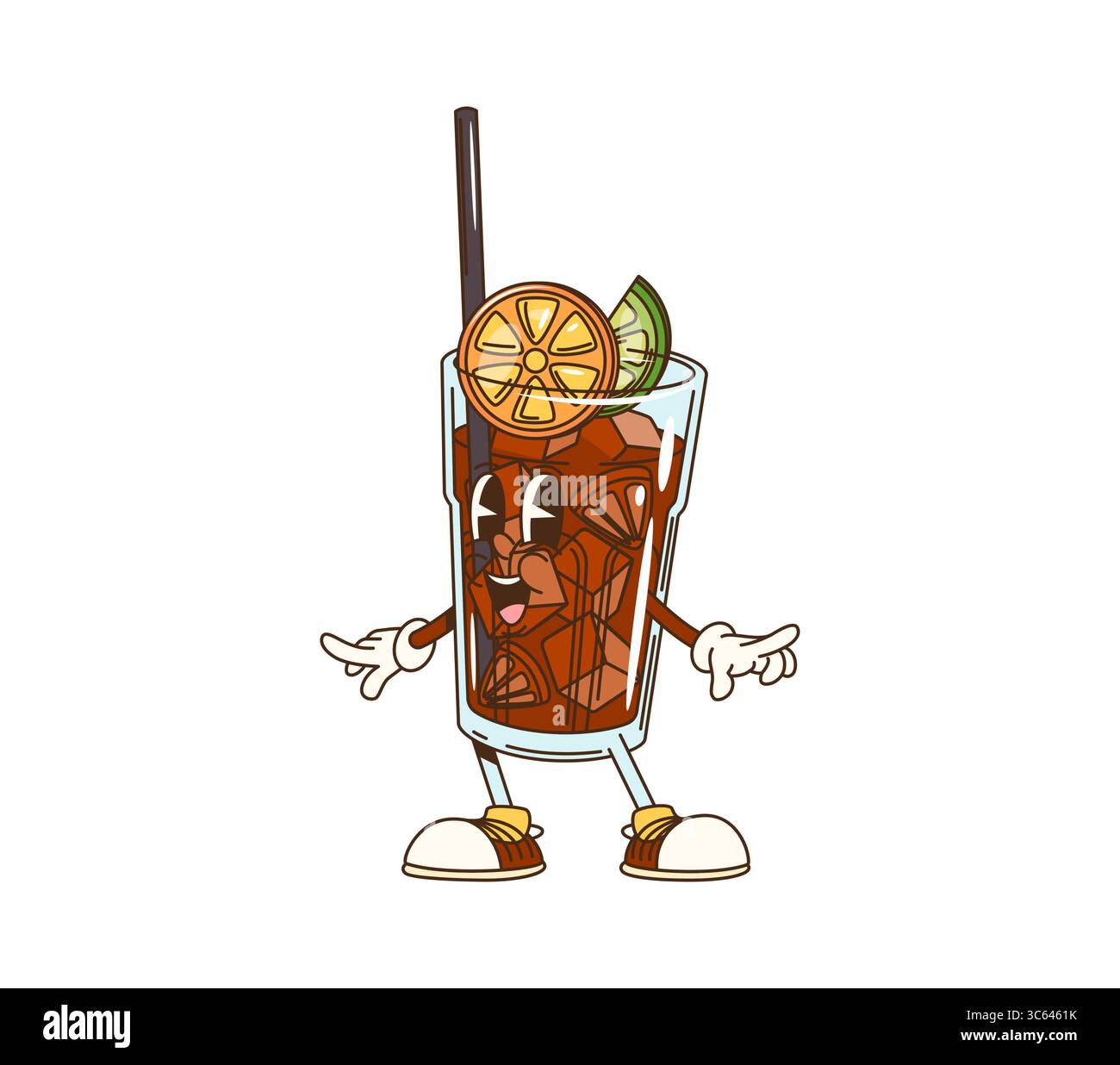 Grooviger Long Island Cocktail Charakter. Alkoholgetränk mit Wodka, Tequila, Rum und Zitrone, Eis und Stroh niedliche Retro-Vektor-Persönlichkeit. Long Island Cocktail Glas isoliert groovige Charakter oder Maskottchen Stock Vektor