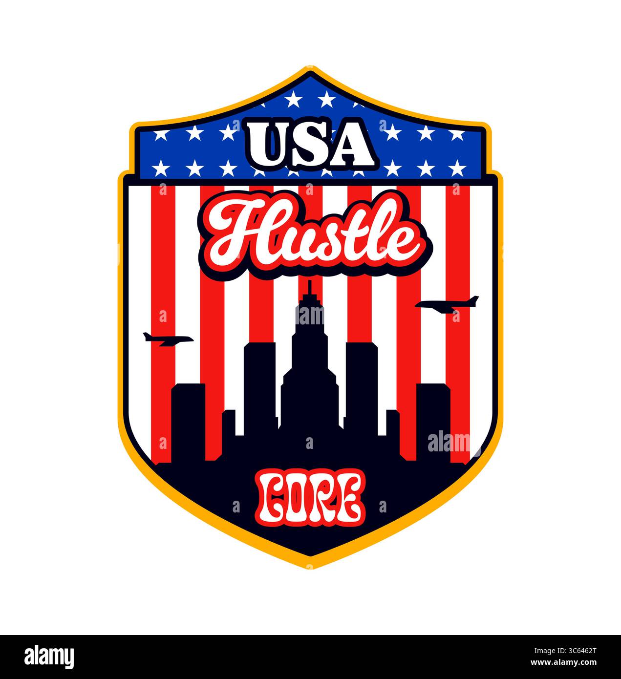 Aufkleber oder Etikett im Vintage-Y2K-Stil der USA Core Hustle. Amerikanischer patriotischer Retro-Vektor-Aufkleber, US-amerikanisches Etikett. Schild in der Form der USA mit Wolkenkratzern, fliegenden Flugzeugen, Fahnensternen und Streifen Stock Vektor