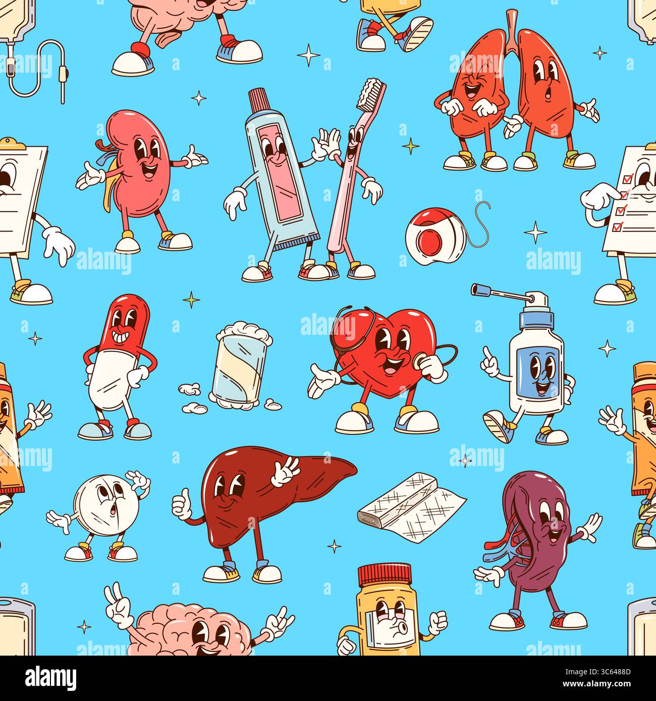Groovige Medizinfiguren nahtloses Muster. Nahtloser Stoffdruck, Textil- oder Geschenkpapier-Muster mit Medikamententabletten und Salben, menschlichen Organen, Rezept- und Mundpflege-groovige niedliche Persönlichkeiten Stock Vektor