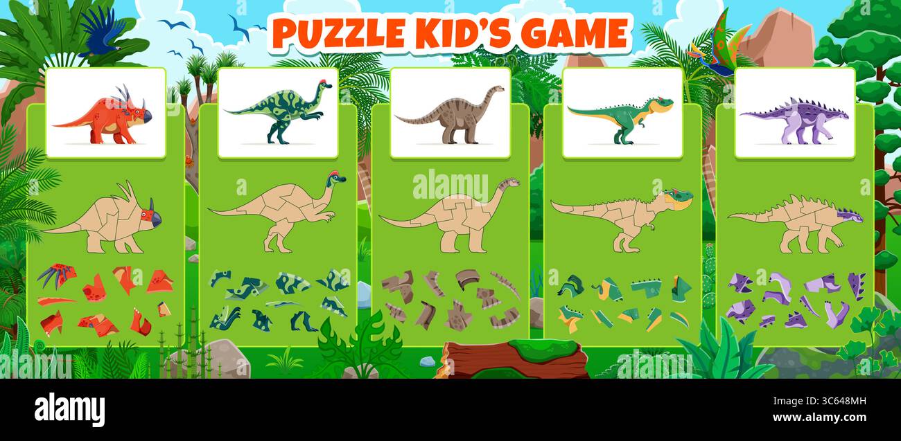 Schneide und klebe die Spielvorlage mit prähistorischen Dinosauriern für Puzzle, Vektorkonstruktor. Kinderspiel mit geschnittenen Dinosaurierstücken zum Schneiden und Kleben passend zum Bild von Jurassic-Echsen Stock Vektor