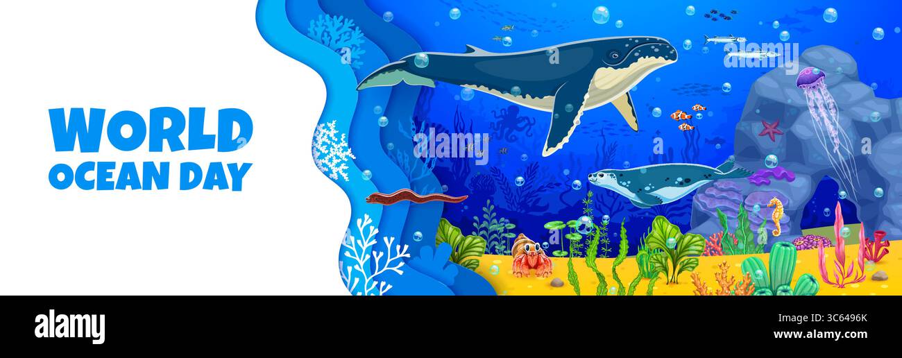 Weltmeere Tagesbanner mit Riesenwalen, Robben und Unterwasserlandschaft. Unterwasser-Ökosysteme Schutz Vektor Banner oder Flyer. Poster mit Zeichentricktieren, Fischen und Algen Stock Vektor