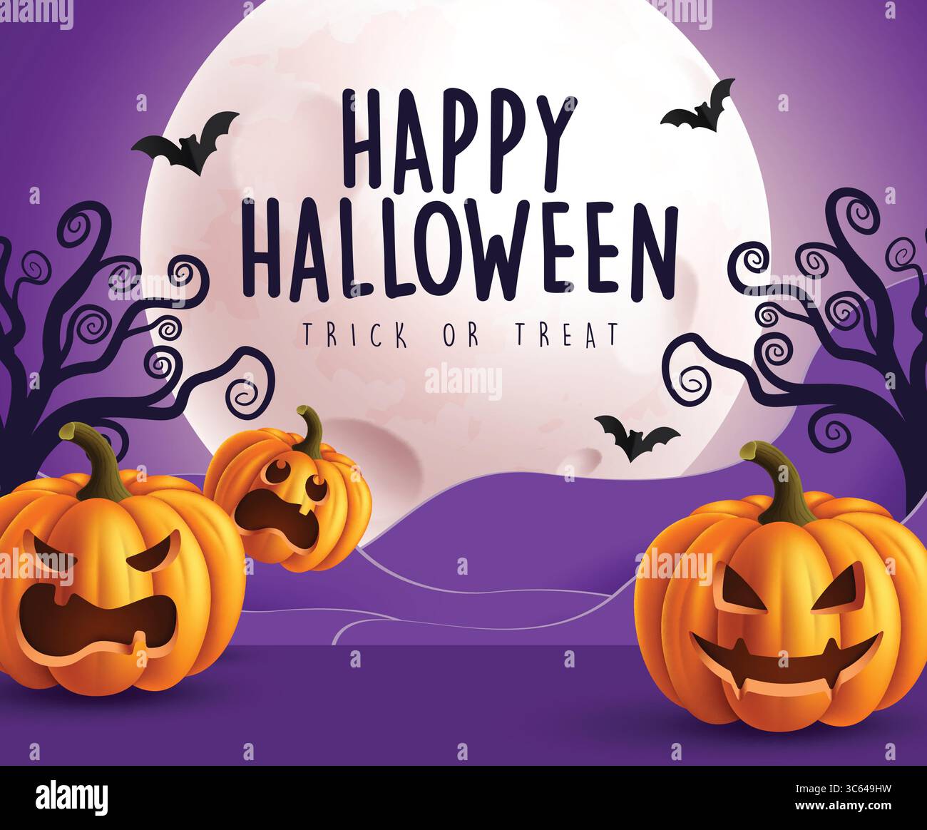 Halloween Podium Papier geschnitten Vektor Banner Design. Fröhliche halloween-Violett-Podium-Bühne mit Vollmond, Kürbischarakter und Muster-Hintergrund Stock Vektor