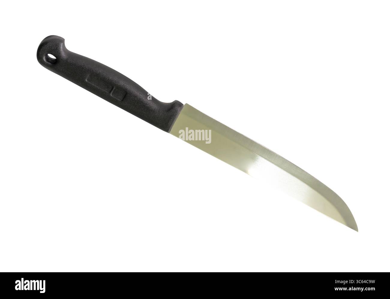 Einzelnes silbernes Küchenmesser mit schwarzem Griff ist auf weißem Hintergrund mit Schneidepfad isoliert. Stockfoto
