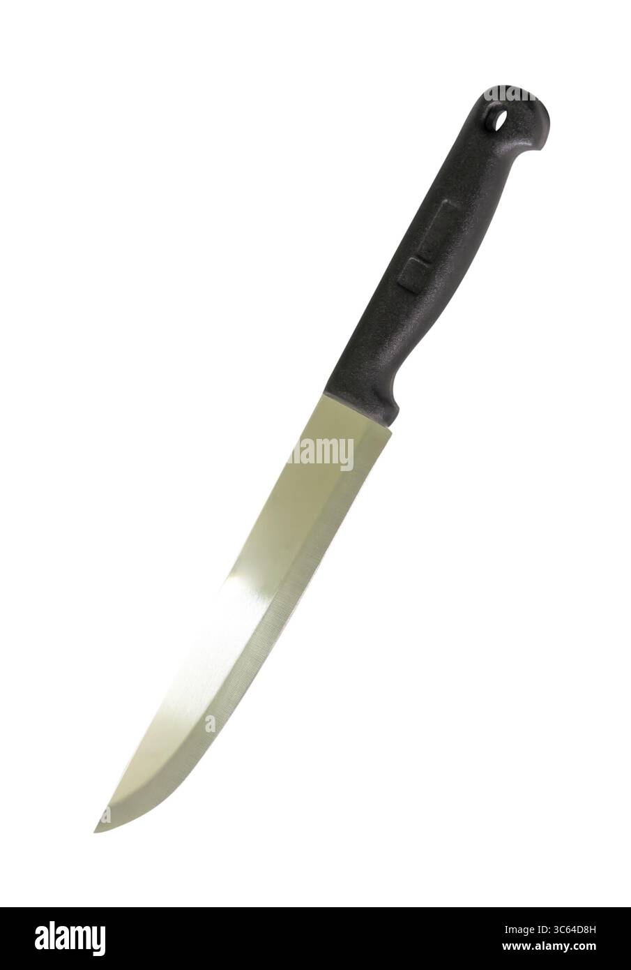 Einzelnes silbernes Küchenmesser mit schwarzem Griff ist auf weißem Hintergrund mit Schneidepfad isoliert. Stockfoto