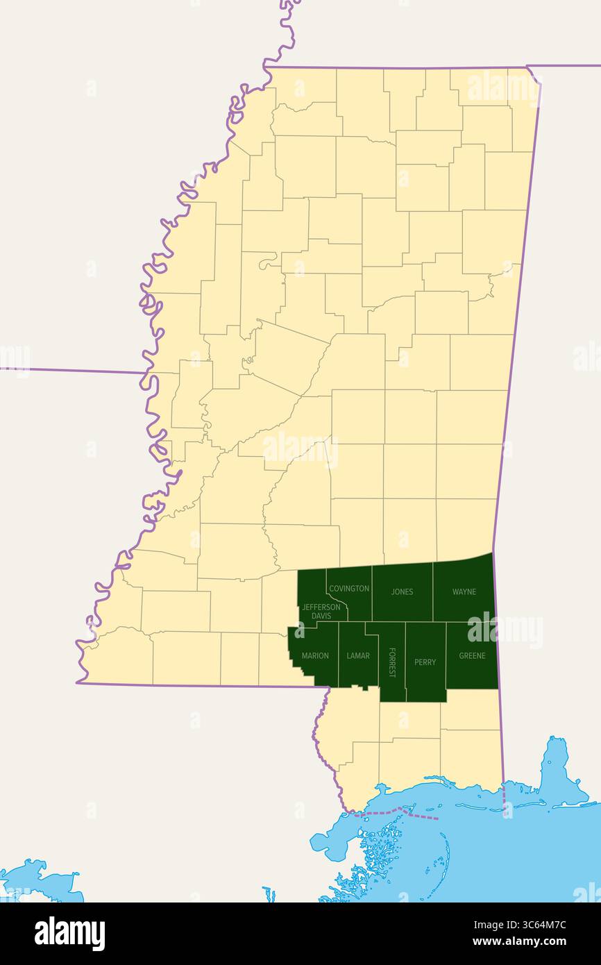 Pine Belt oder Piney Woods, eine Region im Südosten von Mississippi, politische Karte. Die Region umfasst neun Countys, die dunkelgrün hervorgehoben sind. Stockfoto