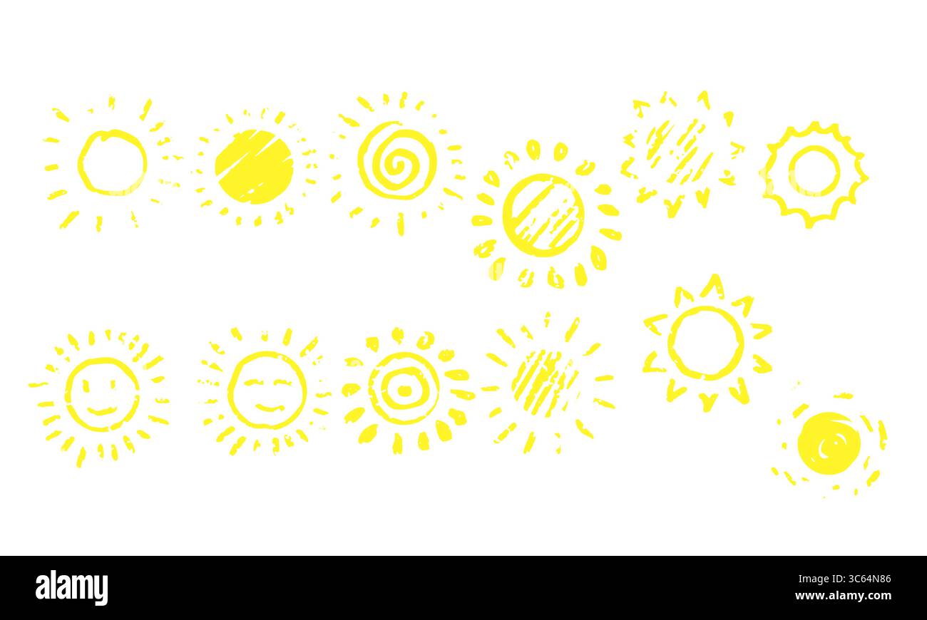 Gelbe Sonne, handgezeichnete Symbole im Doodle-Stil. Vektorabbildung. Einfache grafische Symbole für Sonnenaufgang, Sonnenuntergang und Sommerhitze isoliert auf weiß Stock Vektor