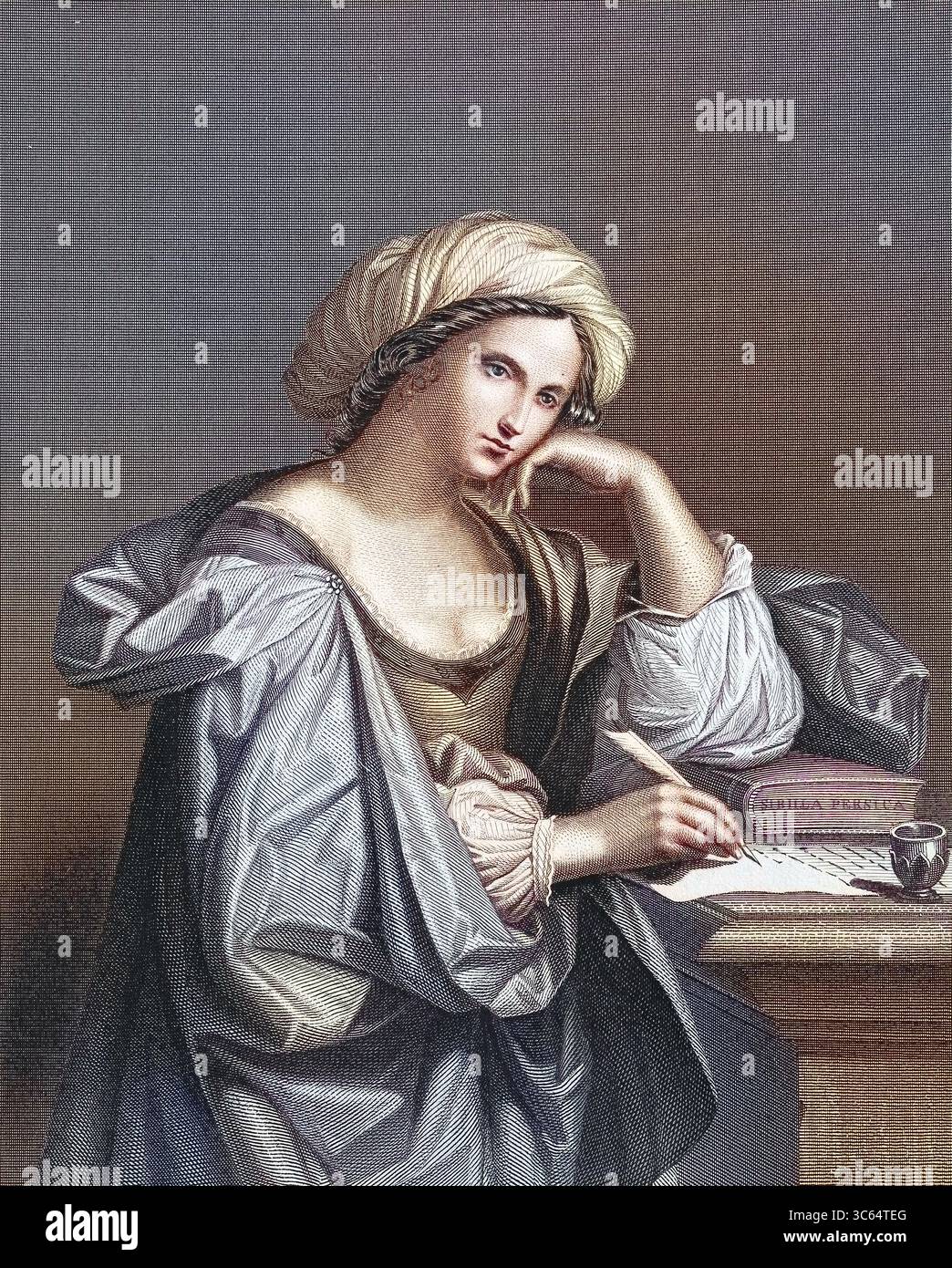 Sybilla persica, persischer Sibyl, eine der zehn Sibyllen, nachdenkliche Frau, die einen Brief schreibt, nach einem Gemälde von Guercino, digital restaurierte Reproduktion eines alten Originals, historisch, exaktes Datum unbekannt Stockfoto