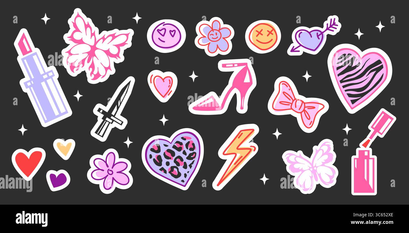 Niedliche Mädchensymbole – y2k-Stickerset. Lippenstift, Blume, lächelnde Gesichter mit Herzen und High-Heel-Schuh für nostalgische Vibes. Blitzschlag mit Schmetterling, Schleife und nagellack für trendige Dekoration. Stock Vektor