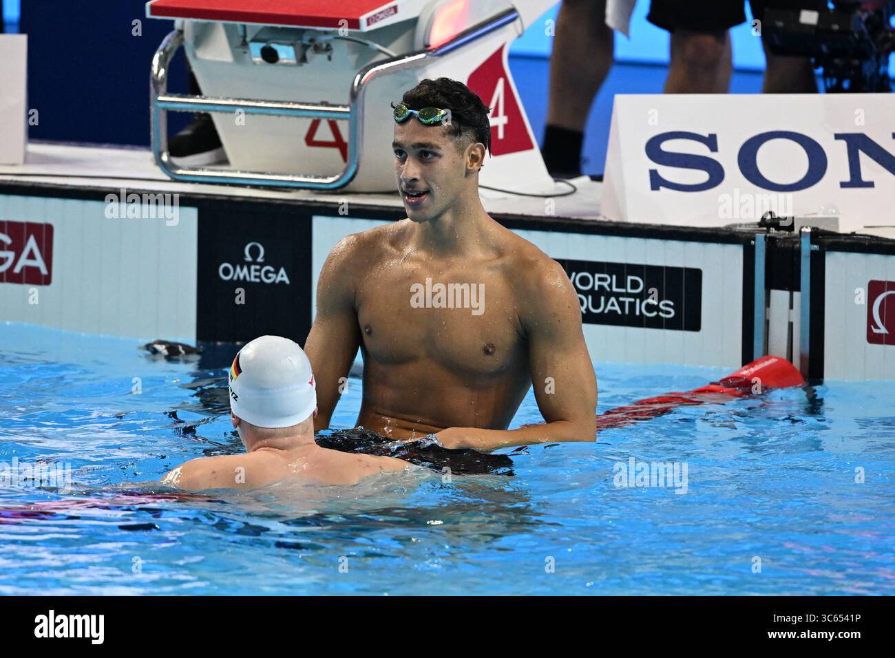 Singapur, Singapur. 30. Juli 2025. Ahmed JAOUADI (tun) gewann Gold in der 800m Freistil Herren, Sven SCHWARZ (GER) gewann Silber und Lukas MARTENS (GER) Bronze bei der Aquatics World Championship Singapur 2025. Quelle: Ranjith Kumar/Alamy Live News Stockfoto