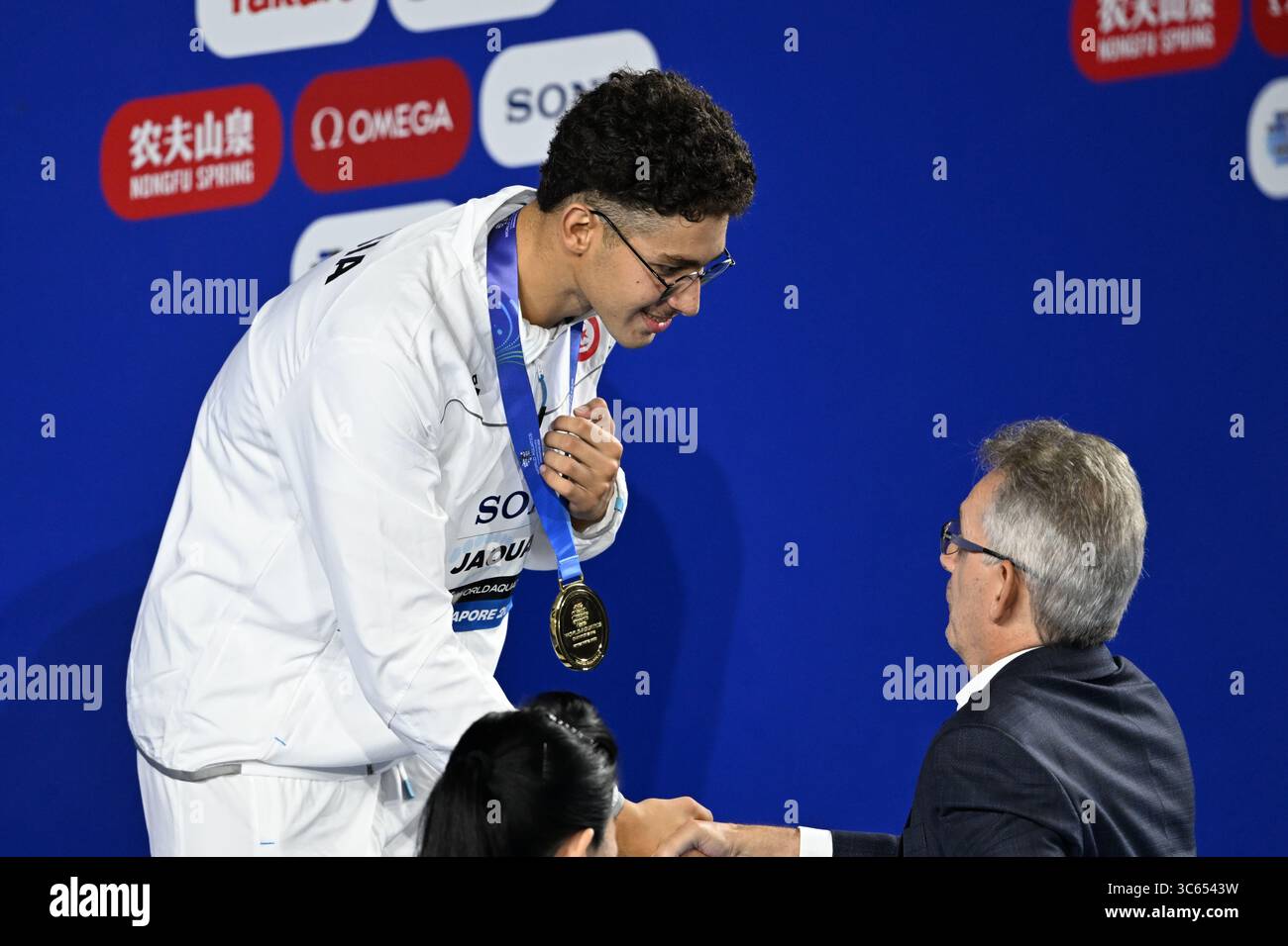 Singapur, Singapur. 30. Juli 2025. Ahmed JAOUADI (tun) gewann Gold in der 800m Freistil Herren, Sven SCHWARZ (GER) gewann Silber und Lukas MARTENS (GER) Bronze bei der Aquatics World Championship Singapur 2025. Quelle: Ranjith Kumar/Alamy Live News Stockfoto