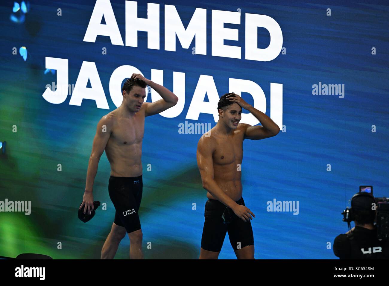 Singapur, Singapur. 30. Juli 2025. Ahmed JAOUADI (tun) gewann Gold in der 800m Freistil Herren, Sven SCHWARZ (GER) gewann Silber und Lukas MARTENS (GER) Bronze bei der Aquatics World Championship Singapur 2025. Quelle: Ranjith Kumar/Alamy Live News Stockfoto