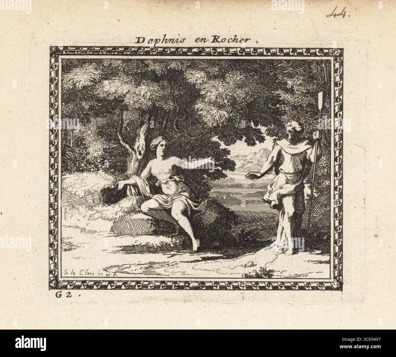 Der Hirte Daphnis verwandelte sich in Stein. Er wurde in den Rock verwandelt, weil er eine junge Nymphe mit schrecklichen Eiden betrogen hatte. Eine junge Nymphe zeigt auf eine Statue des Herzbrechers Hirten von Mount Ida. Daphnis en Rocher. Kupferstich von Sebastien Leclerc aus Metamorphoses d’Ovide, Stiche für Ovids Metamorphosen, chez Audran, Paris, 1676. Stockfoto