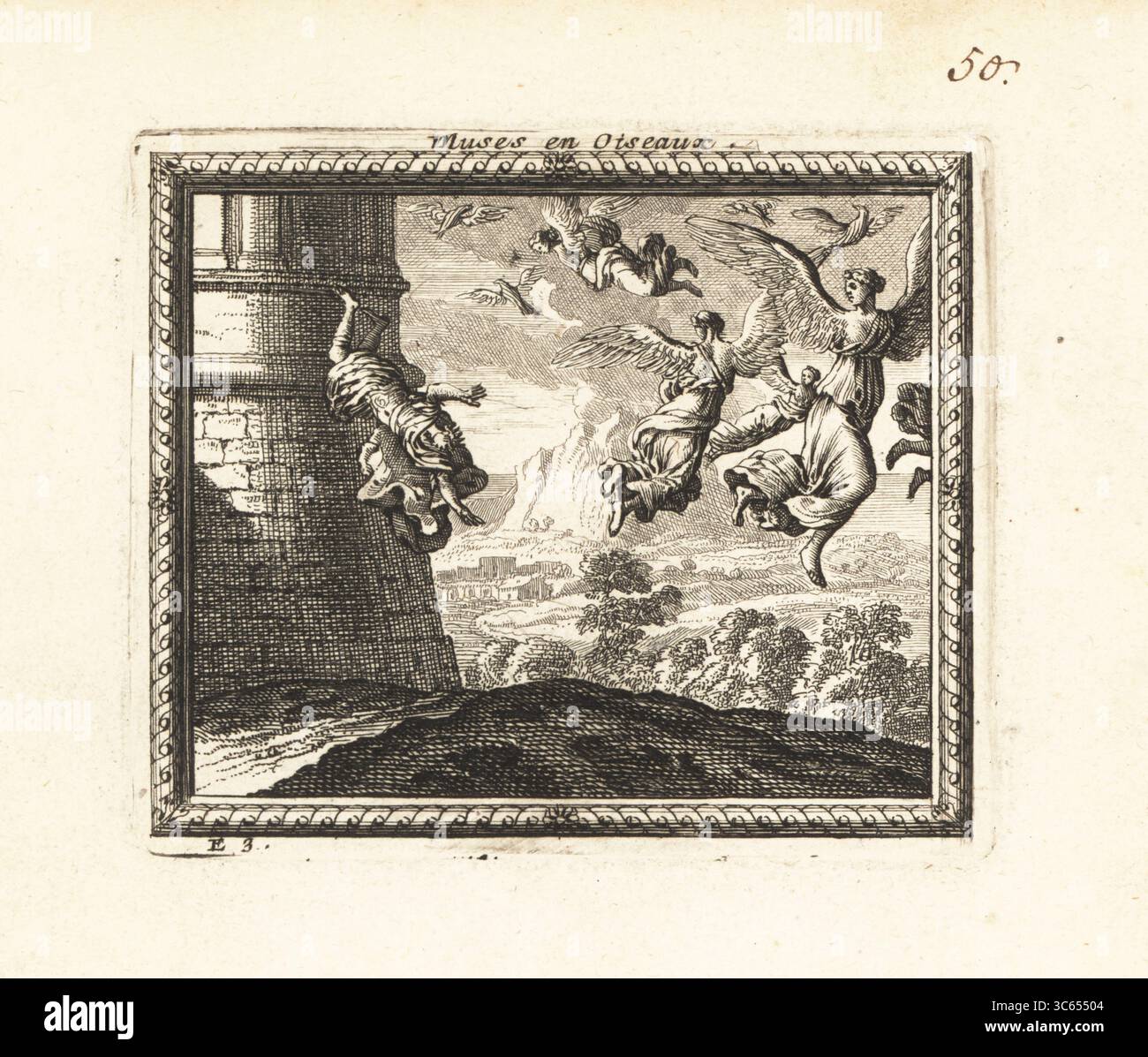 Die neun Musen verwandeln sich in Vögel. In einem Turm von Pyrenäus, König von Thrakien, gefangen genommen, entkommen die neun Musen, indem sie sich in Vögel verwandeln. Pyreneus versucht zu folgen, fällt aber und bricht ihm das Genick. Muses en Oiseaux. Kupferstich aus Metamorphoses d’Ovide, Stiche für Ovids Metamorphosen, chez Audran, Paris, 1676. Stockfoto
