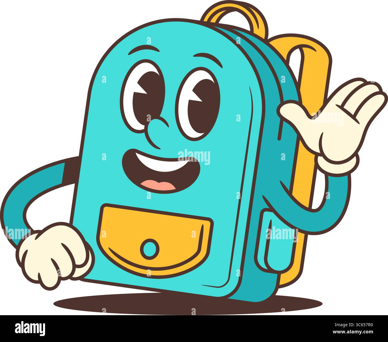 Fröhliche blaue Rucksackfigur mit großen ausdrucksstarken Augen winkt freudig und schafft einen offenen und einladenden Ton für Schulkampagnen und spielerische Erziehung Stock Vektor