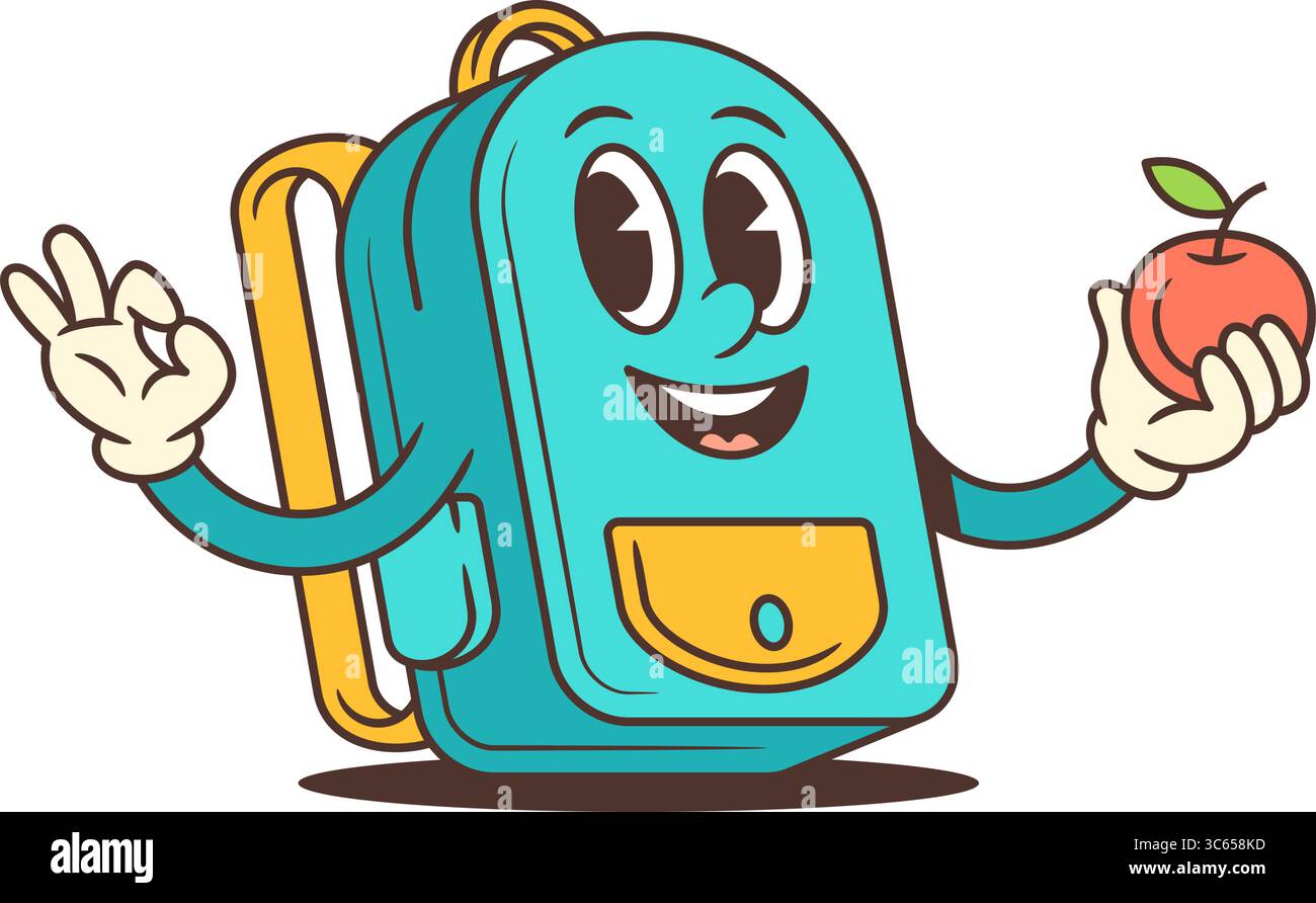 Das blaue Maskottchen des Rucksacks hält den roten Apfel in einer Hand mit einem einladenden Lächeln. Symbol für Gesundheit, Lernen und gute Gewohnheiten. Ideal für Ernährungskampagnen oder Stock Vektor