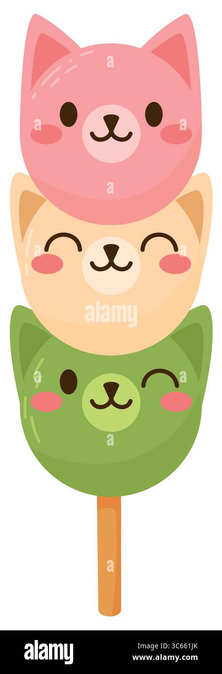 Cartoon Cute Dog Dango Japanisches traditionelles Dessert isoliert auf weiß. Hanami Dango Stock Vektor