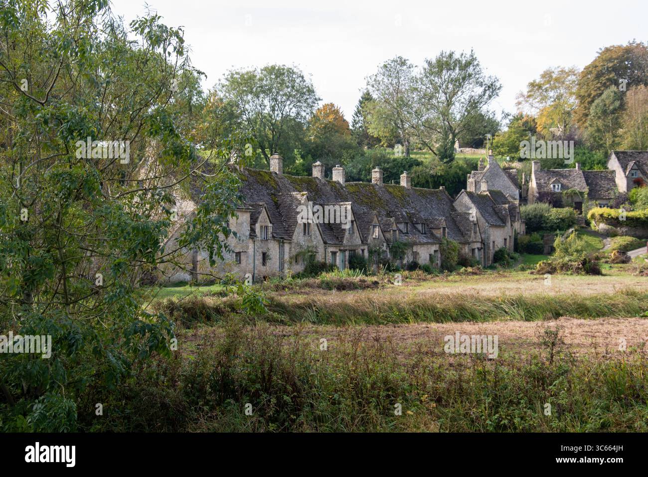 Cotswolds Steinhäuser Gebäude Bibury malerische Dörfer England Gartenpflanzen Winter Stockfoto