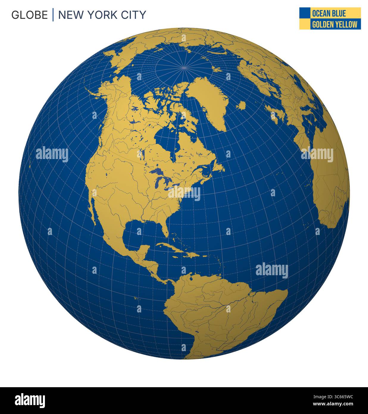 Vector Globe mit Schwerpunkt auf New York City. Farbpalette Ocean Blue Golden Yellow. Weltkarte mit Meridianen, Parallelen, Ländern, Flüssen und Seen. Stock Vektor