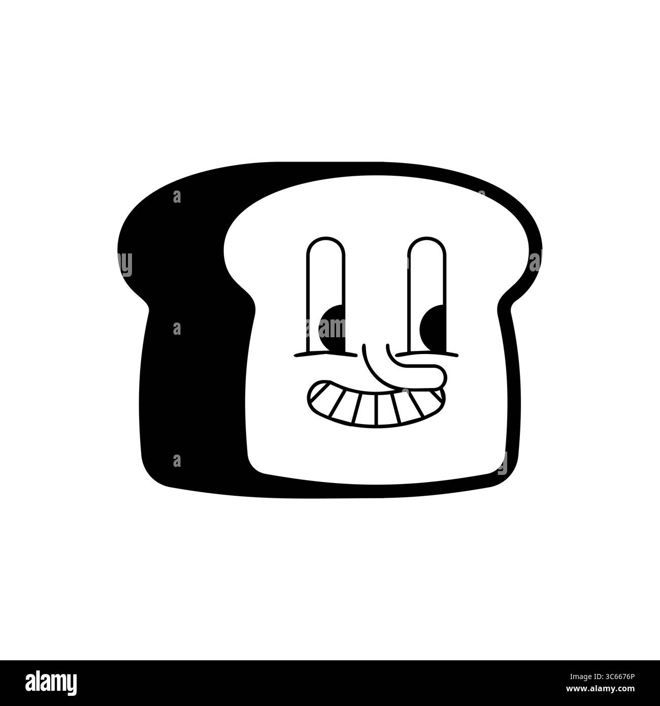 Happy Toast mit einem Comic-Gesicht. Perfekt für Kinderdesign, Lebensmittelverpackung und verspieltes Branding. Kontrastreiche Schwarz-weiß-Illustration. Stock Vektor