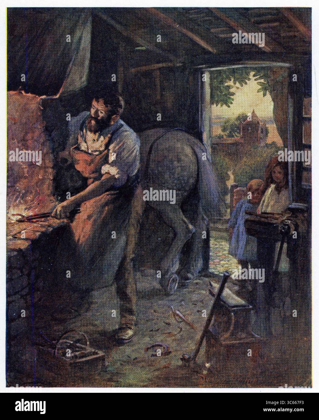 Schmied bei der Arbeit in seiner Werkstatt - Illustration für das Gedicht The Village Blacksmith von Henry Wadsworth Longfellow Stockfoto Schmied bei der Arbeit in seiner Werkstatt - Illustration für das Gedicht The Village Blacksmith von Henry Wadsworth Longfellow Stockfoto