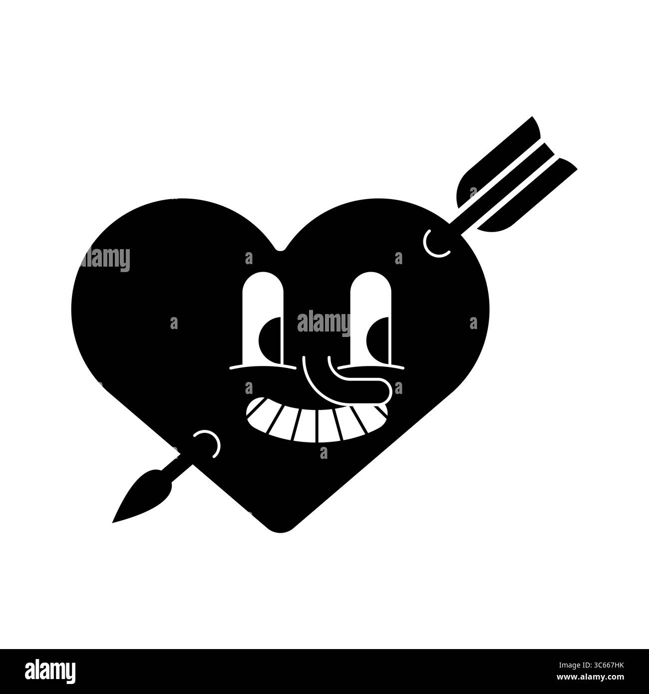 Lächelndes Comic-Gesicht in einem schwarzen Herz, durchbohrt von einem Pfeil. Skurriles Symbol für Liebe, Humor und Emotionen in auffälligem Grafikstil. Stock Vektor