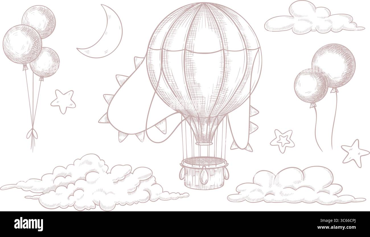 Vektor-Illustration von Heißluftballon, Wolken, Halbmond und Sterne in pastellrosa Farben. Lineare Zeichnung von Oldtimer-Flugzeugen für Babyparty-Grußkarten oder Neugeborenen-Partyeinladungen. Stock Vektor