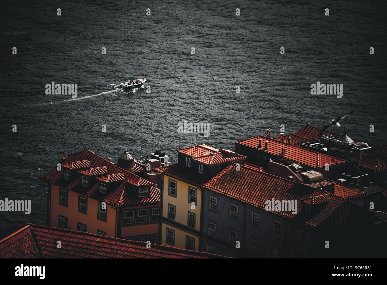 Porto, Portugal - 17. Juni 2022: Blick auf das dunkle Wasser des Flusses Douro im Kontrast zu den lebhaften, ockerfarbenen und terrakottafarbenen Dächern des Viertels Ribeira. Stockfoto