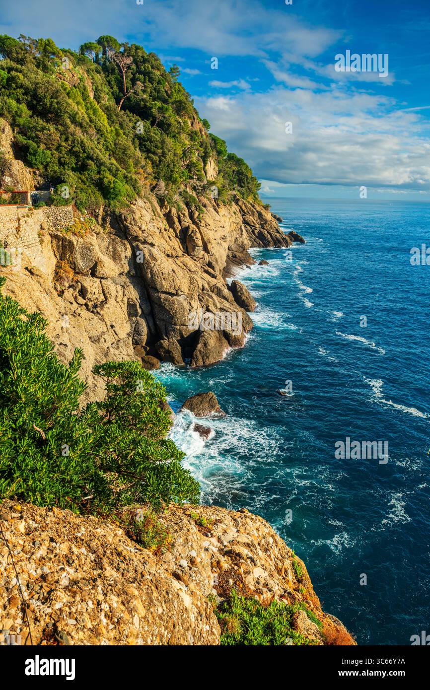 Blick auf die Küste von Portofino, Italien auf dem Meer. Stockfoto