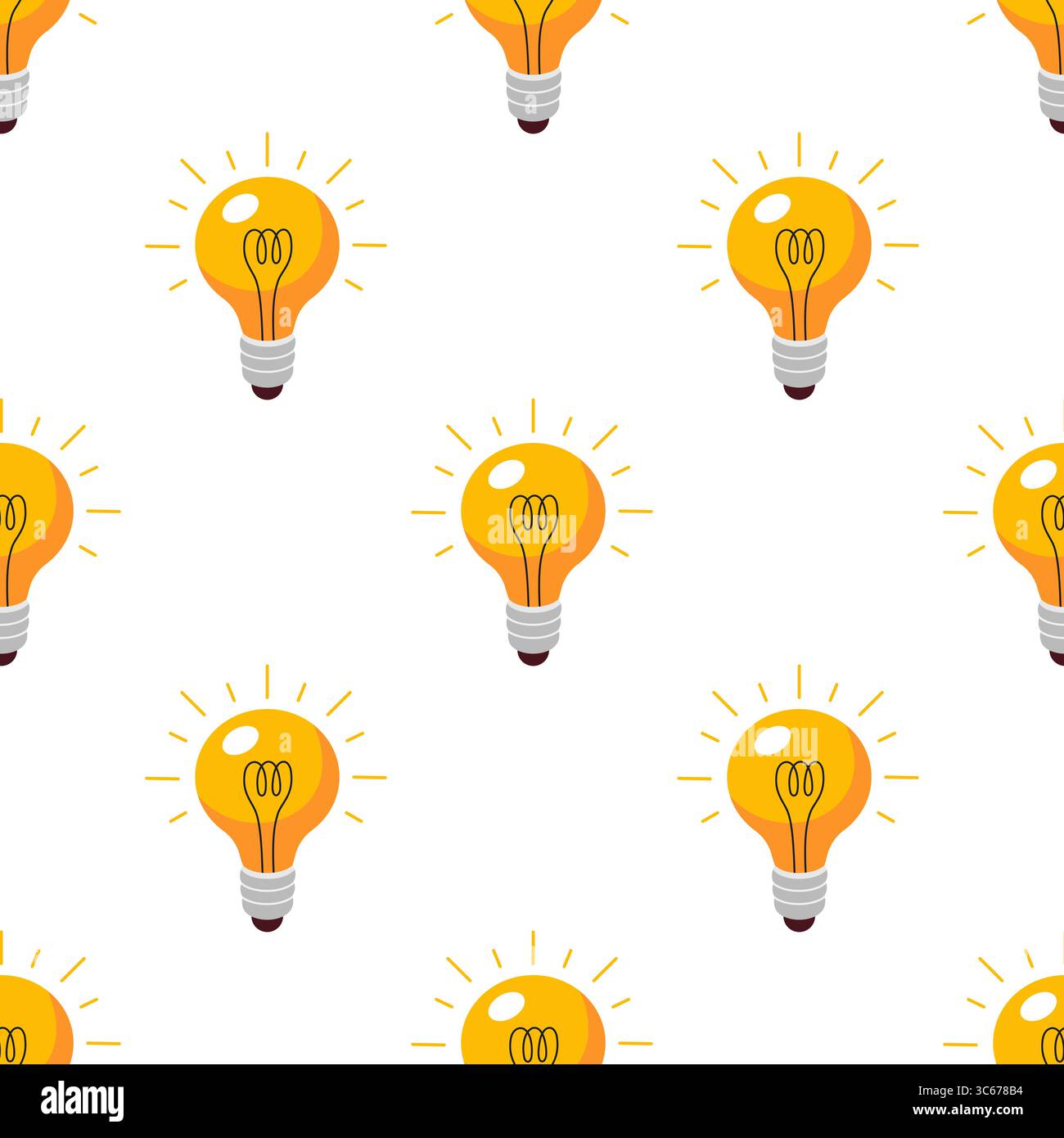 Brennende Glühlampe umgeben von Lichtstrahlen nahtloses Muster. Flammenenergie in einer Glühbirne. Idee, Bildung, Wissenskonzept. Stock Vektor