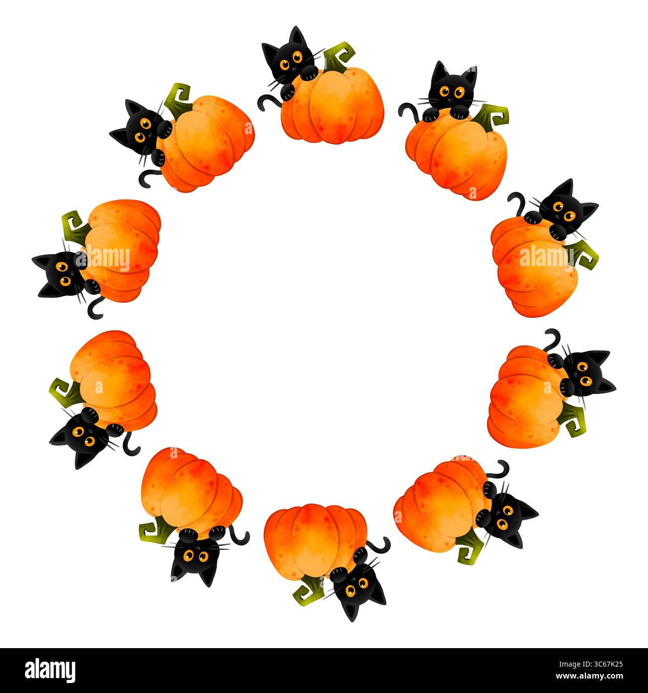 Runder Rahmen mit süßer schwarzer Katze und Kürbis. Handgezeichnete Abbildung. Geeignet für Halloween-Einladungen, Partykarten, Weihnachtsdekor und saisonale Desi Stockfoto