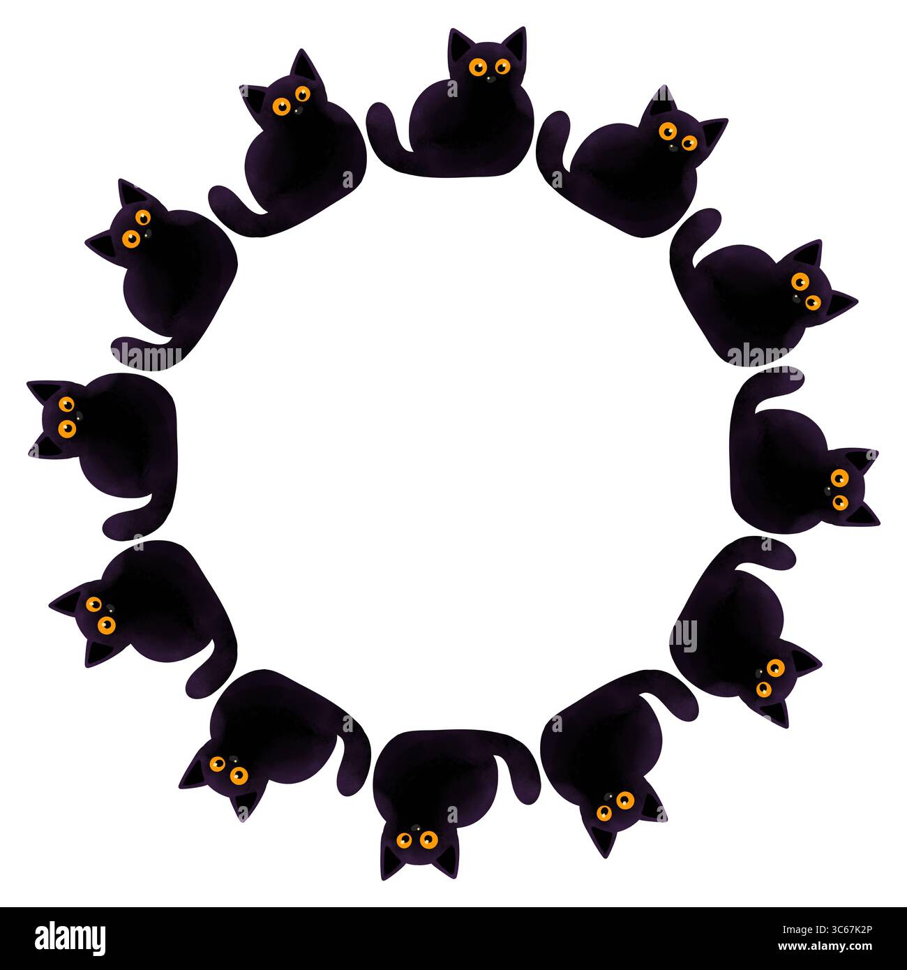 Runder Rahmen mit niedlicher schwarzer Katze. Handgezeichnete Abbildung. Geeignet für Halloween-Einladungen, Partykarten, Weihnachtsdekor und saisonale Designprojekte. Stockfoto