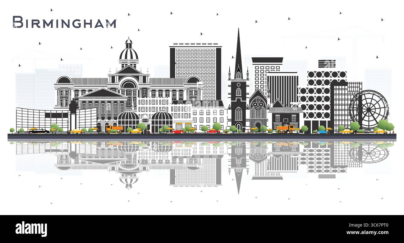 Birmingham UK City Skyline mit farbigen Gebäuden isoliert auf Weiß. Vektorgrafik. Stadtbild von Birmingham mit Wahrzeichen. Stock Vektor