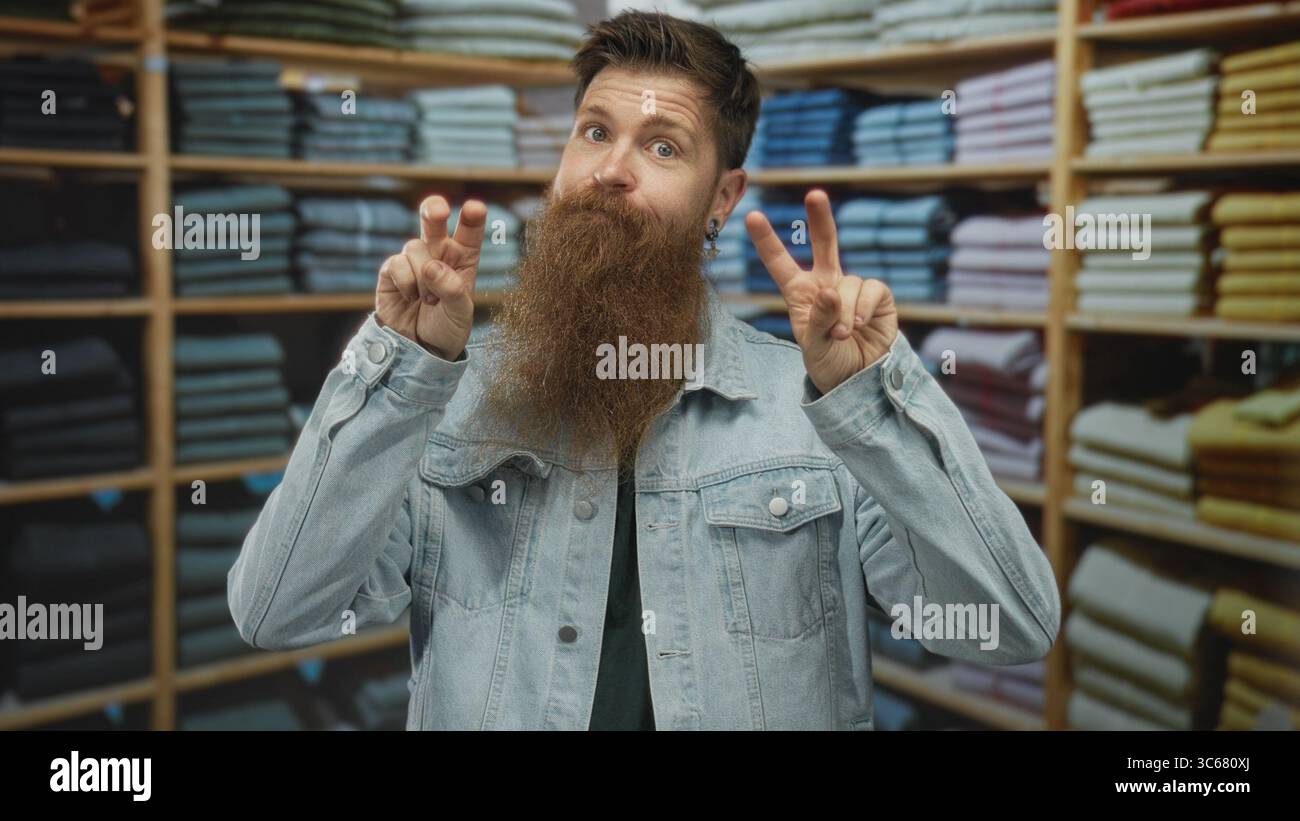 Mann mit schmutzigem Bart und Jeansjacke, der mit beiden Händen im Einzelhandelsgebäude, umgeben von gefalteten Jeans, Luftzitierungen macht; Skepsis. Stockfoto