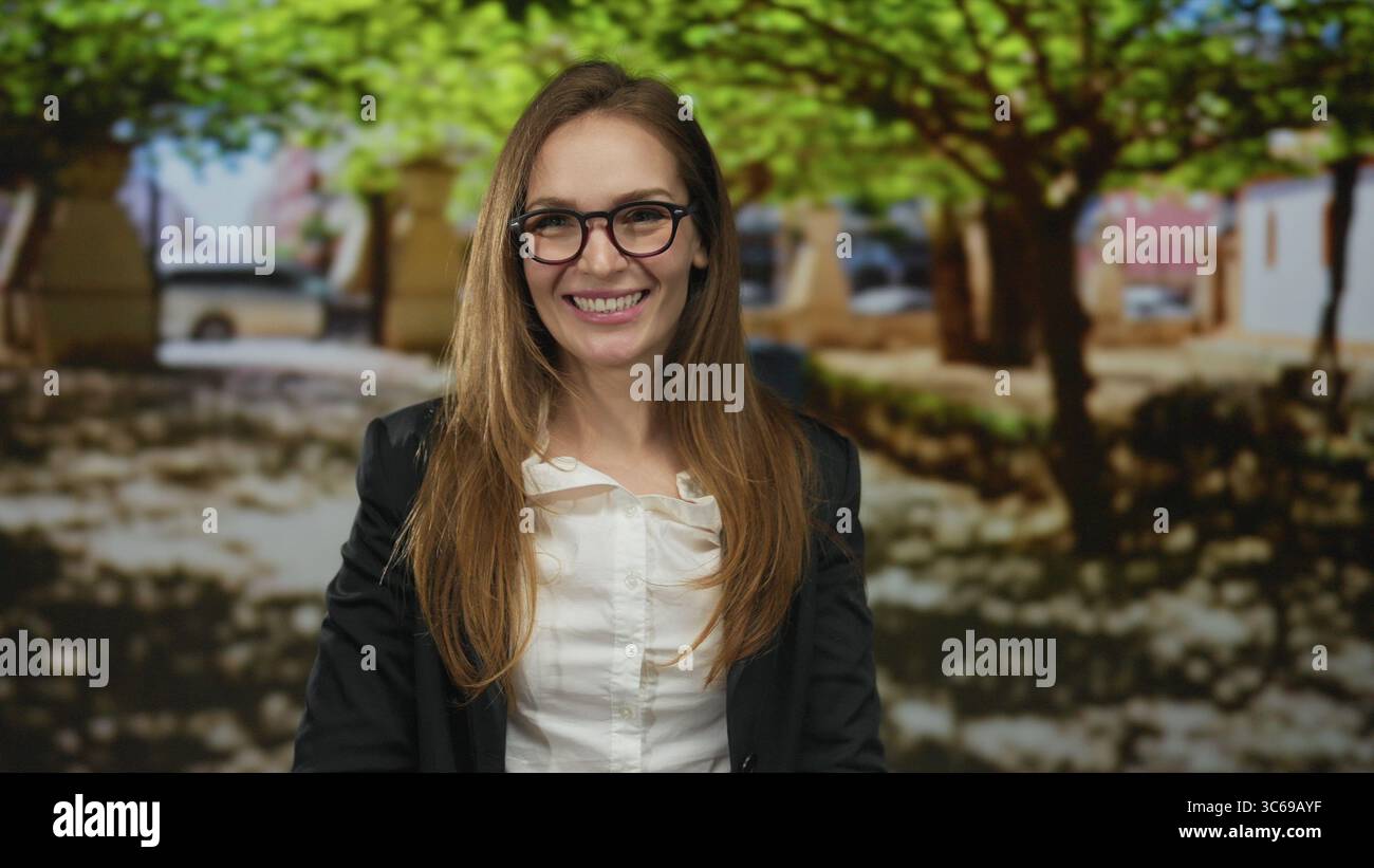 Frau lächelt mit Brille und Blazer unter üppig grünen Bäumen in einem sonnendurchfluteten Park; Freundlichkeit Optimismus. Stockfoto