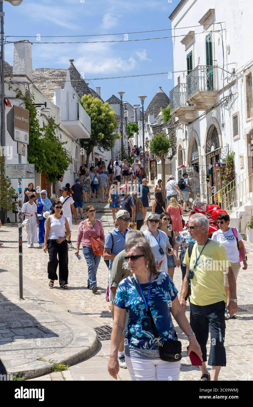 Alberobello in Italien. 22.06.2025, EU, ITA, Italien, Apulien, Basilikata, Alberobello: traditionelle Trulli Häuser. Seit 1996 gehören sie zum UNESCO-Welterbe. EU, ITA, Italien, Apulien, Basilicata, Alberobello: traditionelle Trullihäuser. Sie gehören seit 1996 zum UNESCO-Weltkulturerbe. Stockfoto