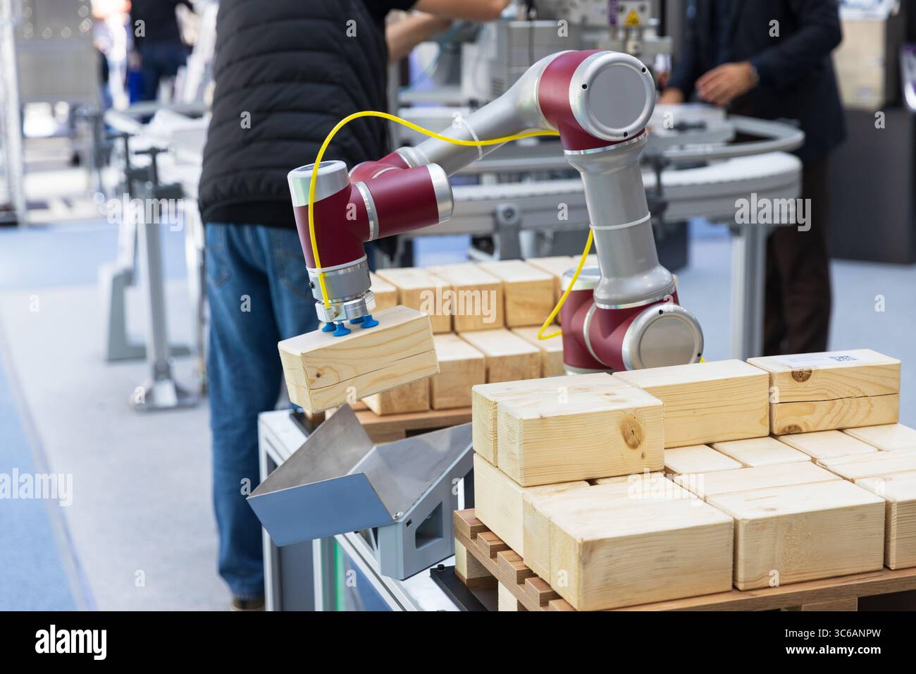 Eine Nahaufnahme eines industriellen kollaborativen Roboterarms – Cobot mit Vakuumgreifer, der Holzblöcke auf einer Förderlinie umsetzt und stapelt Stockfoto