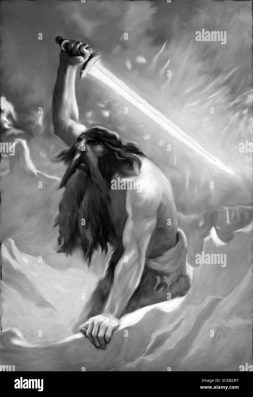 Digitale Reproduktion handgemalter Konzepte des Werkes „der Riese mit dem Flammenschwerter“ des Künstlers John Charles Dollman (1909). Stockfoto