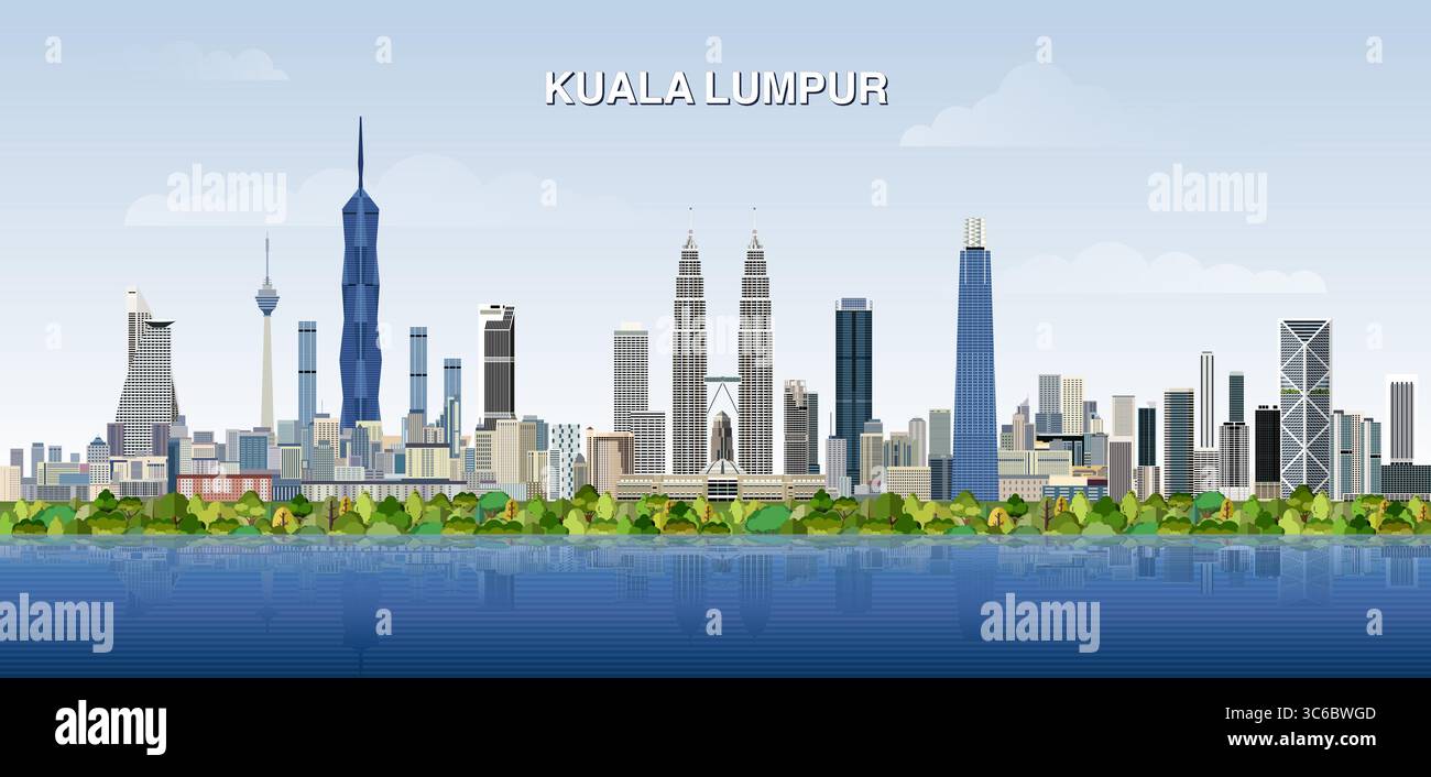 Kuala Lumpur City Skyline auf einem Gefälle schöner Tag Himmel Hintergrund. Vektorabbildung Stock Vektor
