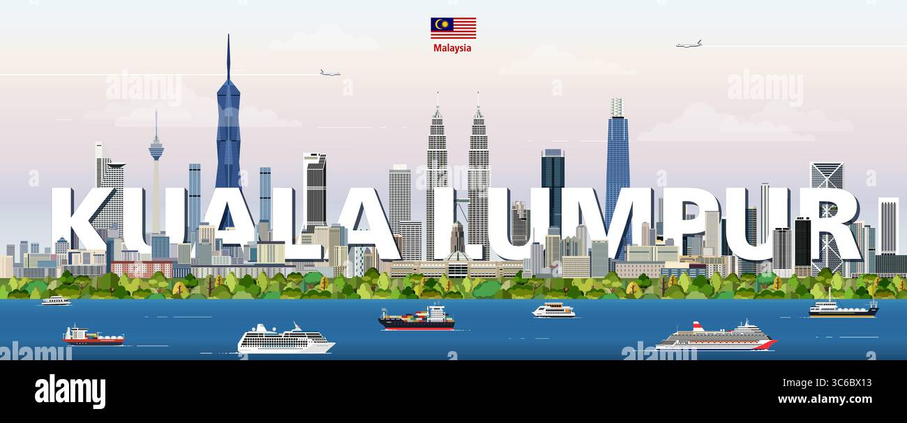 Kuala Lumpur Stadtlandschaft bunte Vektorillustration mit großem Stadtnamen auf dem Hintergrund. Trendiges Reiseposter Stock Vektor