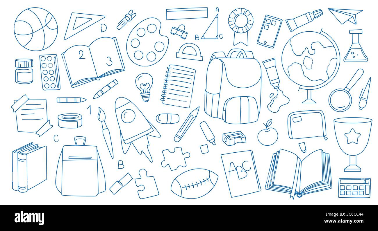 Handgezeichnetes Schulmaterial und Zubehör. Stock Vektor
