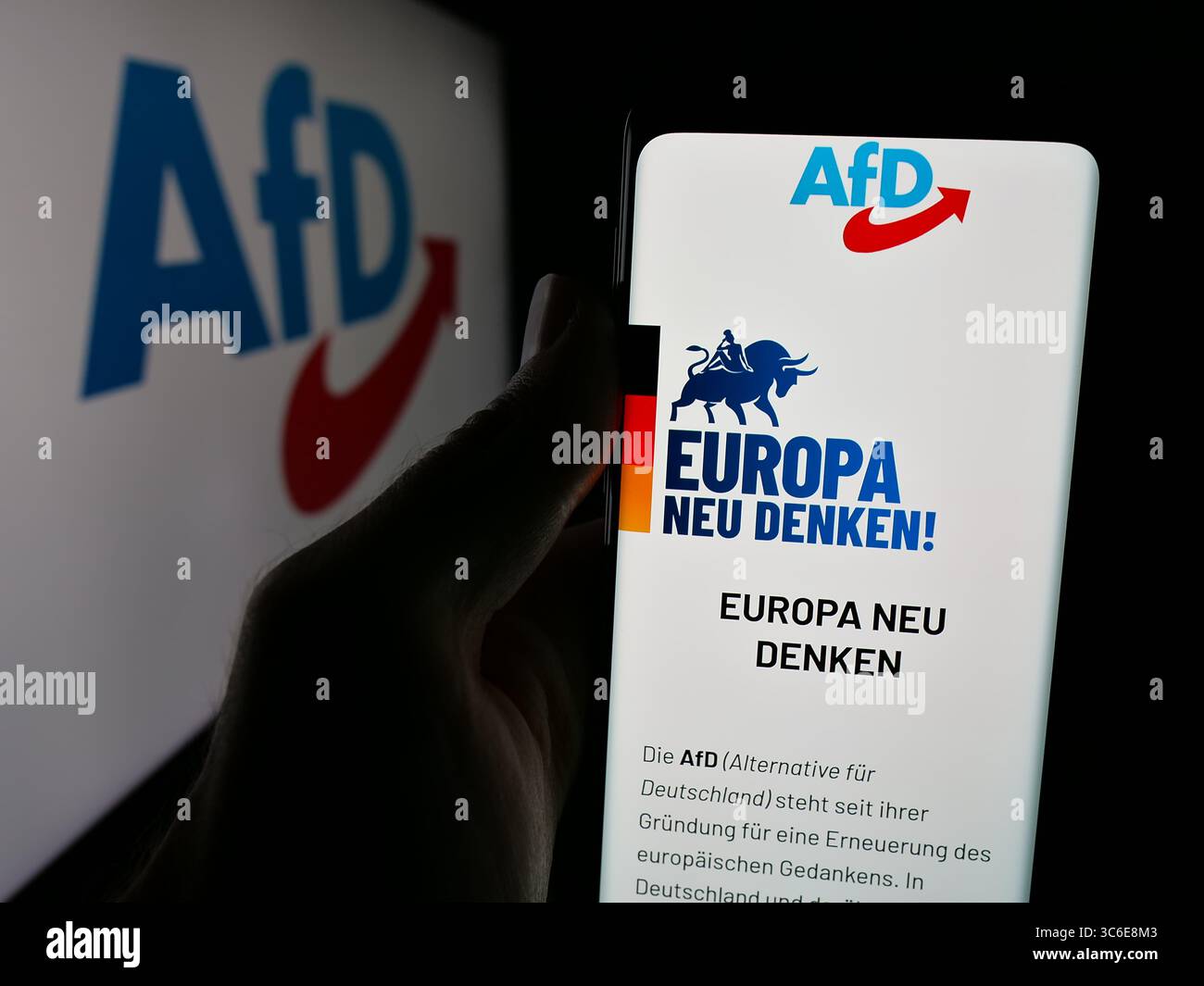 Stuttgart, Deutschland - 26.06.2025: Person, die ein Smartphone hält, mit Webseite von German Alternative Pelz Deutschland (AfD) auf dem Bildschirm vor dem Logo. Stockfoto