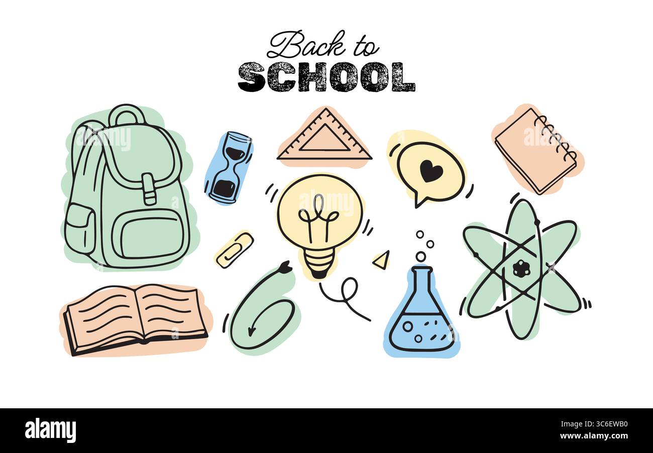Set mit Schulmaterial. Zurück zur Schule. Schwarzweiß-Skizze mit farbigem Hintergrund. Vektorillustration im Doodle-Stil. Rucksack, Buch, Glühbirne, Reagenzglas Stock Vektor