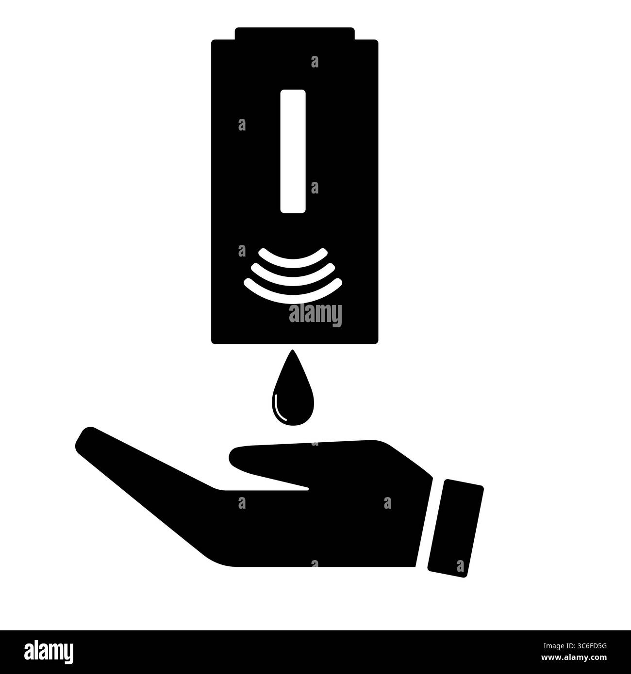 Symbol für die Handdesinfektionsflasche über der Silhouette der Hand in Schwarz-weiß-Design Stock Vektor