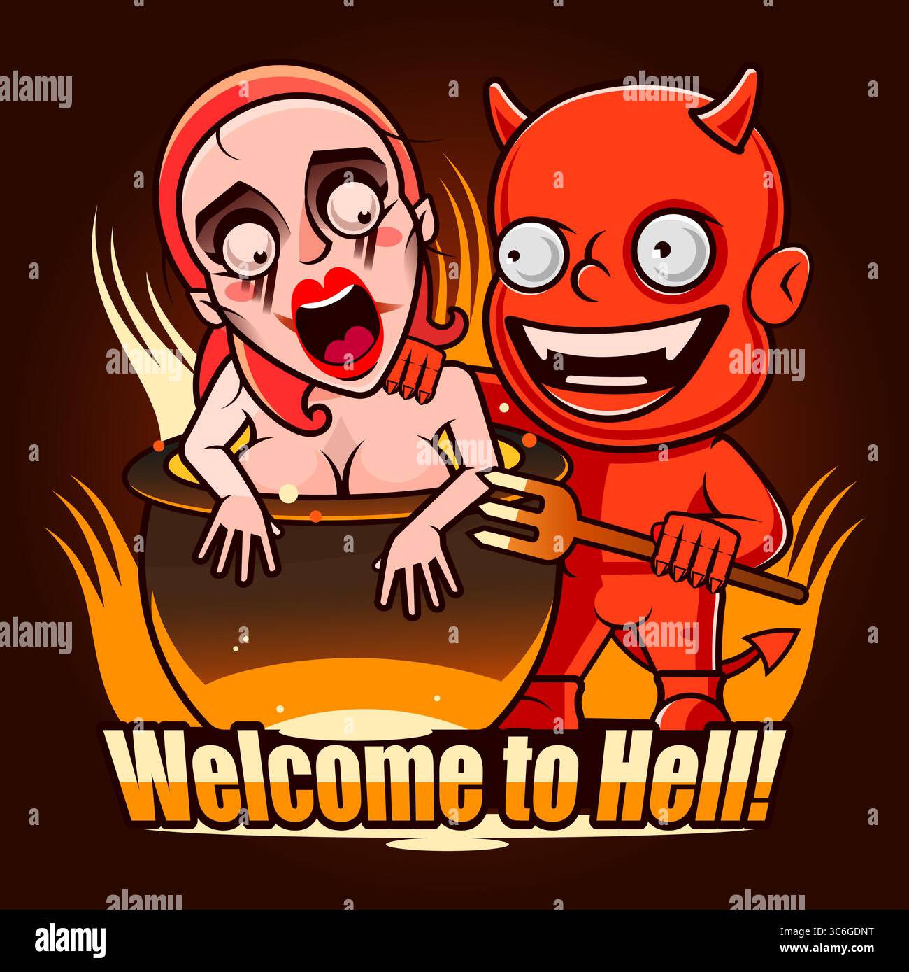 Grafische Handzeichnung Rot und Orange gezeichnetes Schild Willkommen in der Hölle Banner. Auf schwarzem Grunge-Hintergrund. Halloween-Vektor-Symbol. Stock Vektor