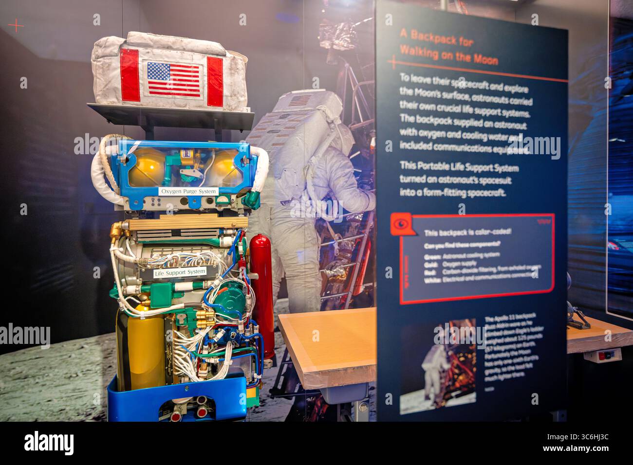 Apollo-Raumanzug-Tragbares Lebenserhaltungssystem-Display im National Air and Space Museum in Washington DC | WASHINGTON — Ein tragbares Lebenserhaltungssystem-Rucksack aus der Apollo-Ära, farbcodiert, um seine Sauerstoff-, Kühl- und Kommunikationskomponenten zu zeigen, wird im National Air and Space Museum in Washington, D.C. ausgestellt. Über dem Raumanzug getragen, wog die Einheit 125 Pfund (57 kg) auf der Erde und verwandelte effektiv den Anzug jedes Astronauten in ein eigenständiges Raumfahrzeug während Ausflügen auf der Mondoberfläche. Stockfoto