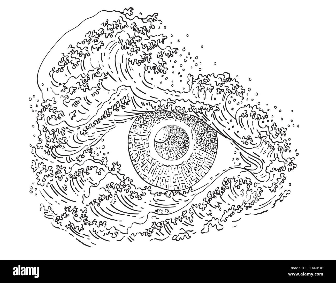 Zeichnung Zeichnung Zeichnung Zeichnung Zeichnung Stil Illustration eines Menschen ein Auge zeigt die Pupille und Iris in den großen Wellen auf isoliertem Hintergrund in schwarz-weiß L Stock Vektor