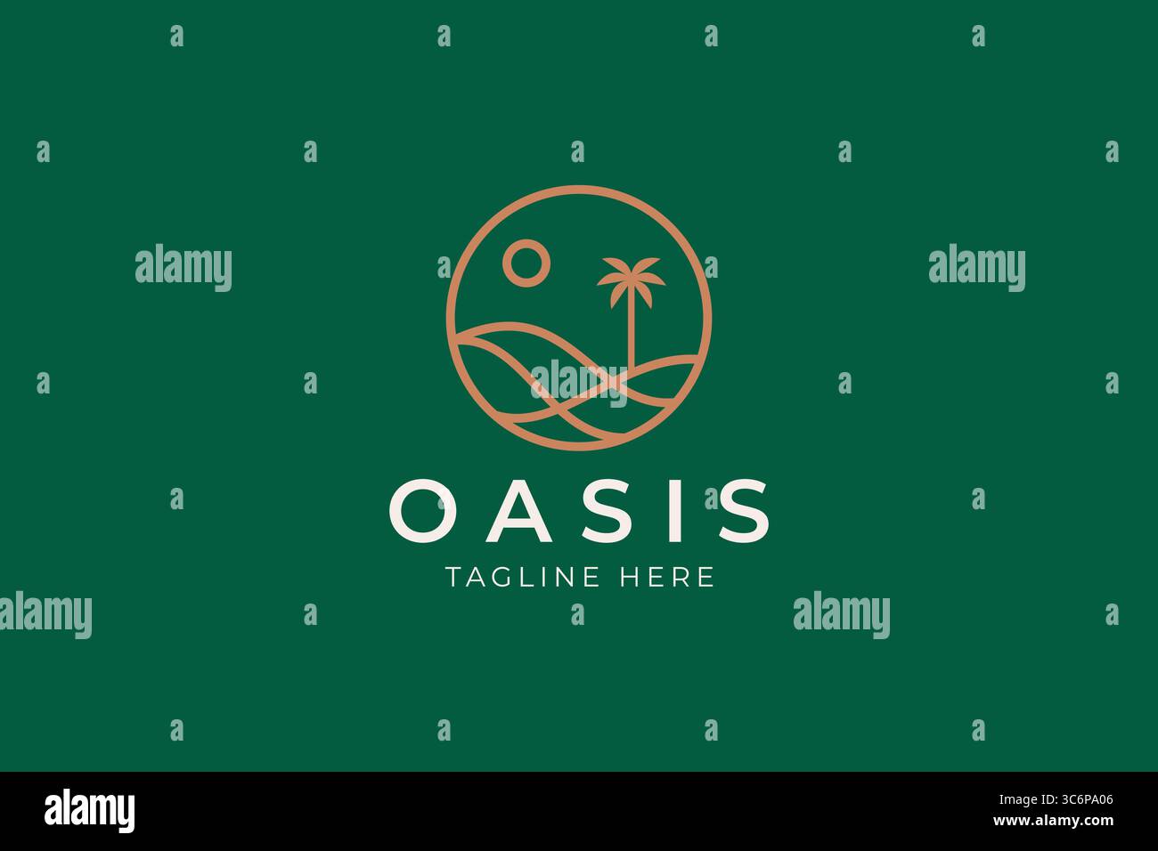 Linear Oasis Logo Abzeichen Schönheit Wildnis Wüste Dünen Palmen Datum Konzept Schild Symbol Stock Vektor