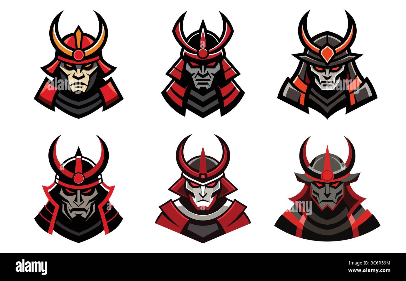 Samurai-Krieger-Kopf-Logos, Bündel von Samurai-Ikonen, Samurai-Ikonen Stock Vektor